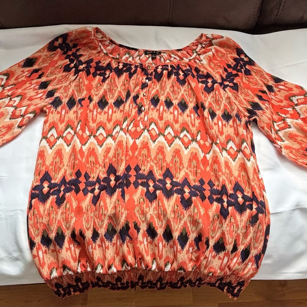 Sami & Jo Orange and Black Smocked 3/4 Sleeve Blouse